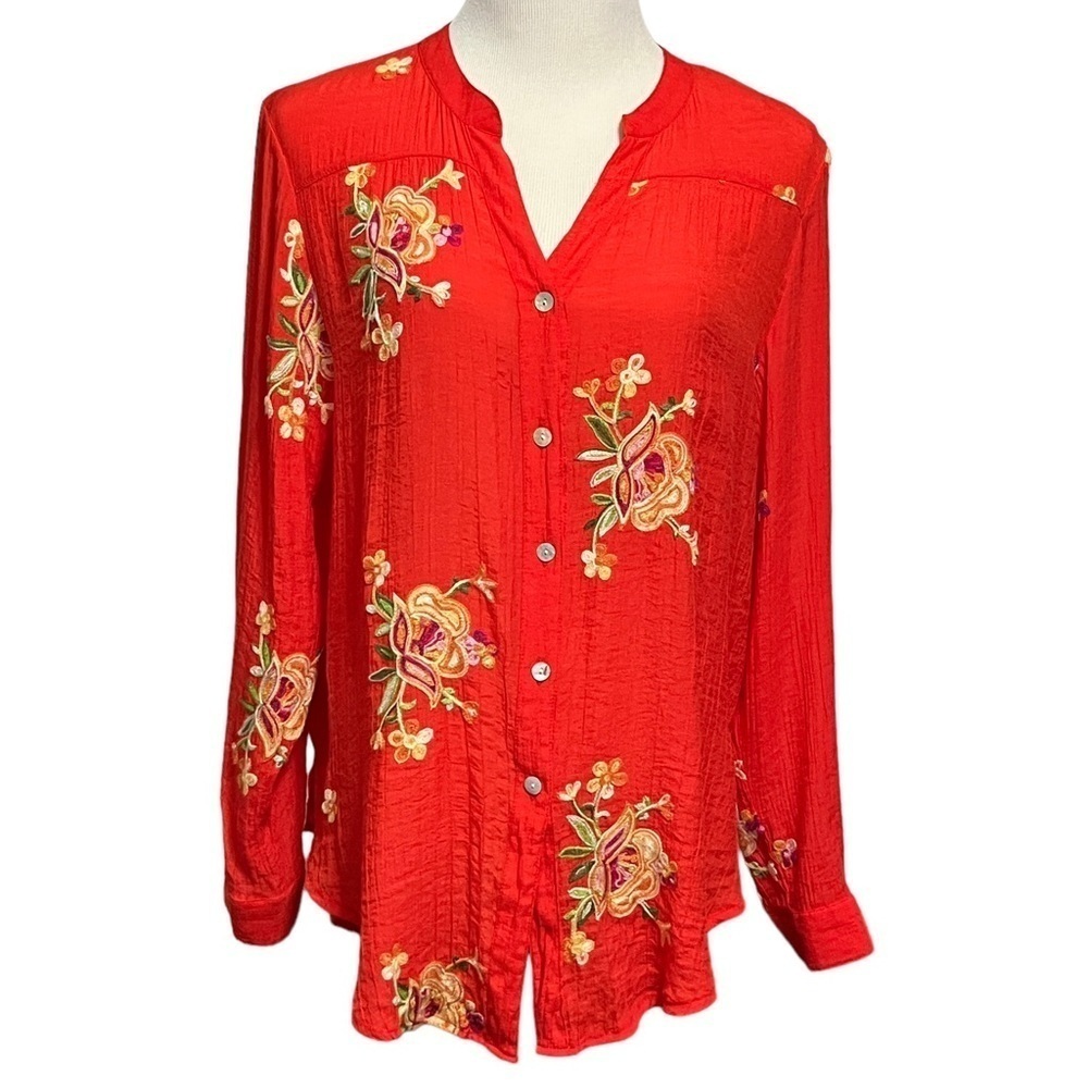 Fig & Flower Anthropologie Orange Floral Embroidered Long-Sleeved Blouse Sz. Lg.